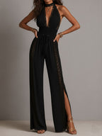 Boho Elegant Lace Panel Smocked Waist Wide Leg One-Piece Jumpsuit