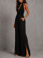 Boho Elegant Lace Panel Smocked Waist Wide Leg One-Piece Jumpsuit