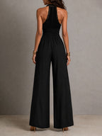Boho Elegant Lace Panel Smocked Waist Wide Leg One-Piece Jumpsuit