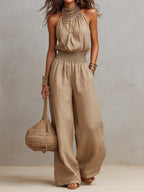 Tan Cotton Linen Halter Neck Smocked Waist Wide Leg Jumpsuit