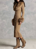 Retro Camel Faux Fur Collar & Cuffs Knit Sweater Midi Dress