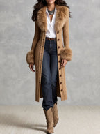 Retro Camel Faux Fur Collar & Cuffs Knit Sweater Midi Dress