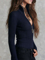 Retro Navy Slim Fit Rib Knit Pullover Half Zip Mock Neck Sweater