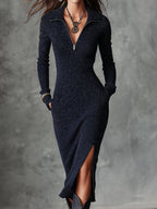 Retro Shiny Front Zipper Ribbed Knit Midi Dress Featuring Slit Hem