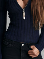 Retro Navy Slim Fit Rib Knit Pullover Half Zip Mock Neck Sweater