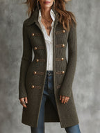 Military Style Ribbed Knit Longline Cardigan With Braided Button Trim