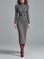 Elegant High Neck Ribbed-knit Slim-fit Midi Dress With Belt