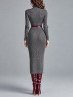 Elegant High Neck Ribbed-knit Slim-fit Midi Dress With Belt