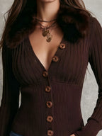 Boho Faux Fur Collar Dark Brown Ribbed Knit Slim Cardigan