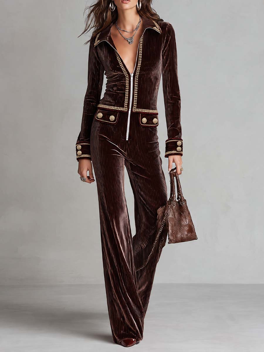 Retro Corduroy Jumpsuit With Gold-trimmed Zip-up Jacket And Flared Trousers