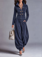 Ribbed Corduroy Zip-Up Jacket & Balloon Jogger Pants Two-Piece Set
