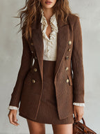 Retro Ribbed Knit Double-breasted Blazer & Mini Skirt Set