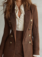 Retro Ribbed Knit Double-breasted Blazer & Mini Skirt Set