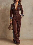 Leopard-print Trim Corduroy Two-piece Set