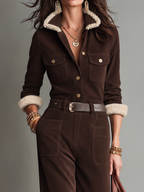 Vintage Chocolate Brown Sherpa Trim Utility Jumpsuit