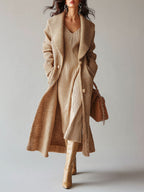 Stylish Beige Longline Knit Cardigan with Oversized Shawl Collar