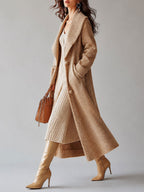 Stylish Beige Longline Knit Cardigan with Oversized Shawl Collar