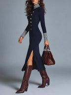 Navy Military-Inspired Gold-Tone Buttons Long Sleeve Midi Dress with Striped Trim