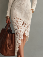 Romantic Ivory Crochet Lace Hem Turtleneck Knit Midi Dress