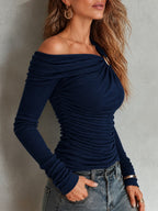 Women's Navy Ribbed Asymmetric Off-Shoulder Ring Detail Long Sleeve Top