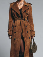 Vintage Deep Caramel Double-breasted Trench Coat With Button Epaulettes