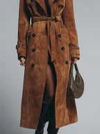 Vintage Deep Caramel Double-breasted Trench Coat With Button Epaulettes