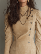 Refined Sand Beige Puff Sleeve Button Mini Dress