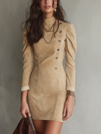 Refined Sand Beige Puff Sleeve Button Mini Dress