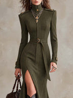 Military-Inspired Suede Olive Green High-Neck Belted Midi Dress