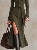 Military-Inspired Suede Olive Green High-Neck Belted Midi Dress