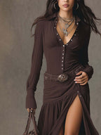 Vintage-style Flared Hem Ribbed Maxi Dress