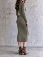 Elegant Scoop Neck Olive Green Ribbed Knit Midi Dress