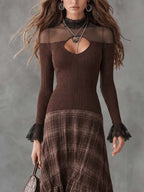 Vintage-style Sheer-shoulder Plaid Knit Midi Dress