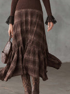 Vintage-style Sheer-shoulder Plaid Knit Midi Dress