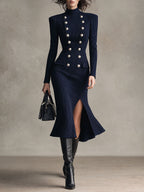 Retro Navy Pinstripe High-Neck Front Slit Midi Dress with Metallic Buttons