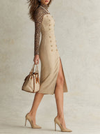 Beige Leopard-Print Long Sleeve Front Slit Midi Dress with Gold-Tone Buttons