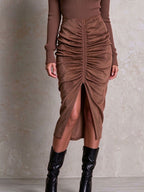 Retro Elegant Brown Rib Knit And Microsuede Midi Dress With Slit And Pleated