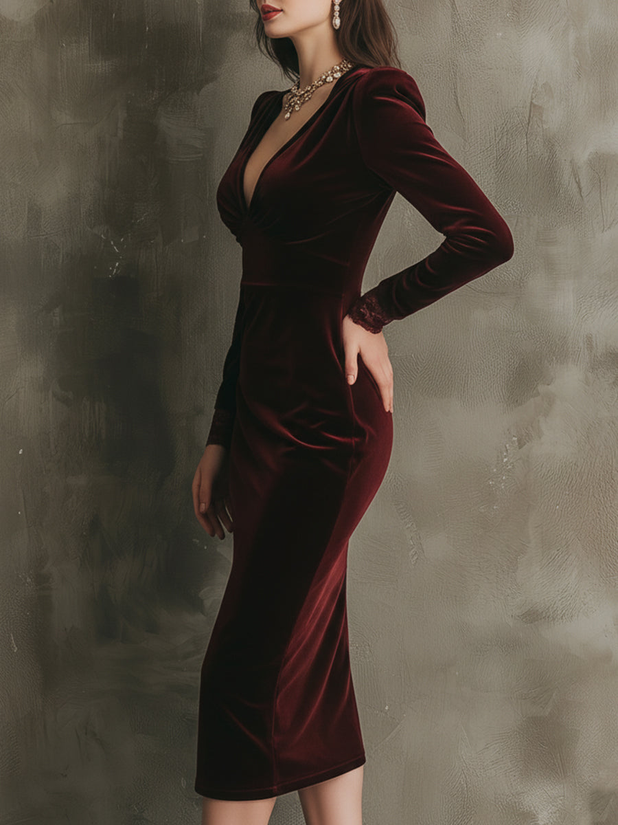 Quietly Luxurious And Elegant Lace Velvet Midi Dress