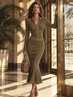 Elegant Ribbed Knit Zip-Up Fishtail Midi Dress with Stud Belt Detail