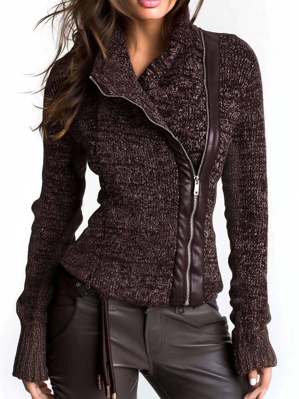 Brown Asymmetrical Zip Ribbed Knit Jacket