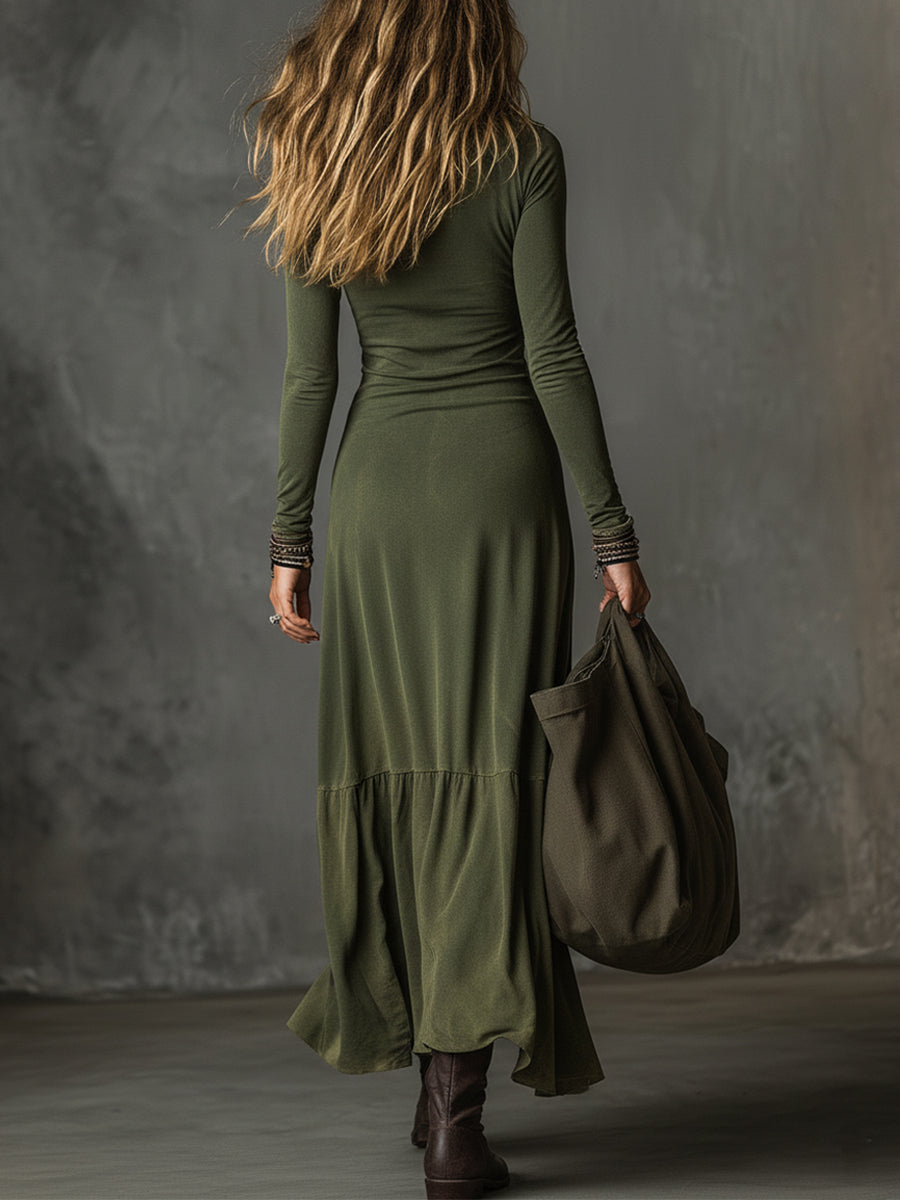 Bohemian Washed Cotton Half-zip Hem Slit Midi Dress