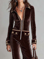 Retro Corduroy Jumpsuit With Gold-trimmed Zip-up Jacket And Flared Trousers