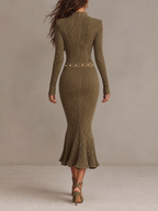 Elegant Ribbed Knit Zip-Up Fishtail Midi Dress with Stud Belt Detail
