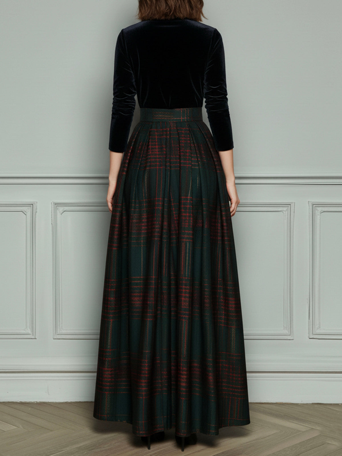 Elegant High Waist Velvet And Plaid Evening Gown With Full Skirt