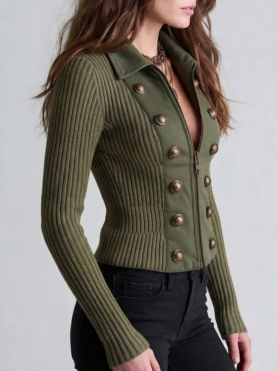 Vintage Army Green Brass Decor Button Spliced Knit Cardigan