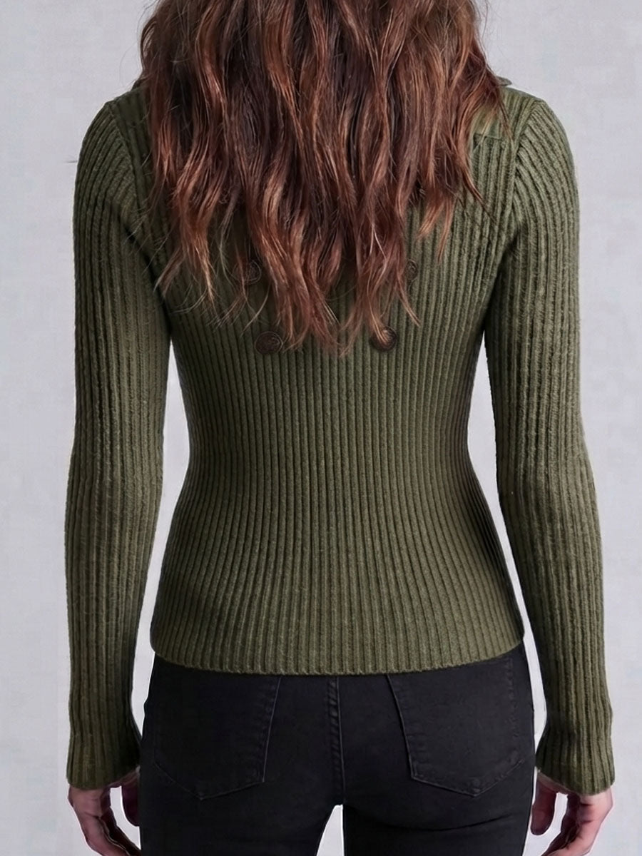 Vintage Army Green Brass Decor Button Spliced Knit Cardigan