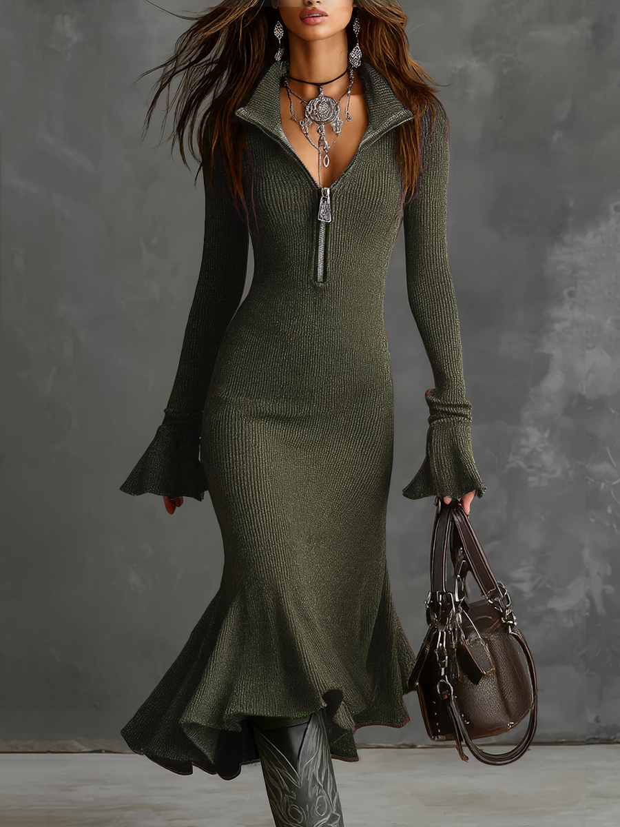 Retro Zipper Neck Trumpet Sleeve Knitted Midi Dress