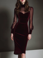 Elegant Mesh Polyester Velvet Stitching Sweetheart Neckline Slim Midi Dress
