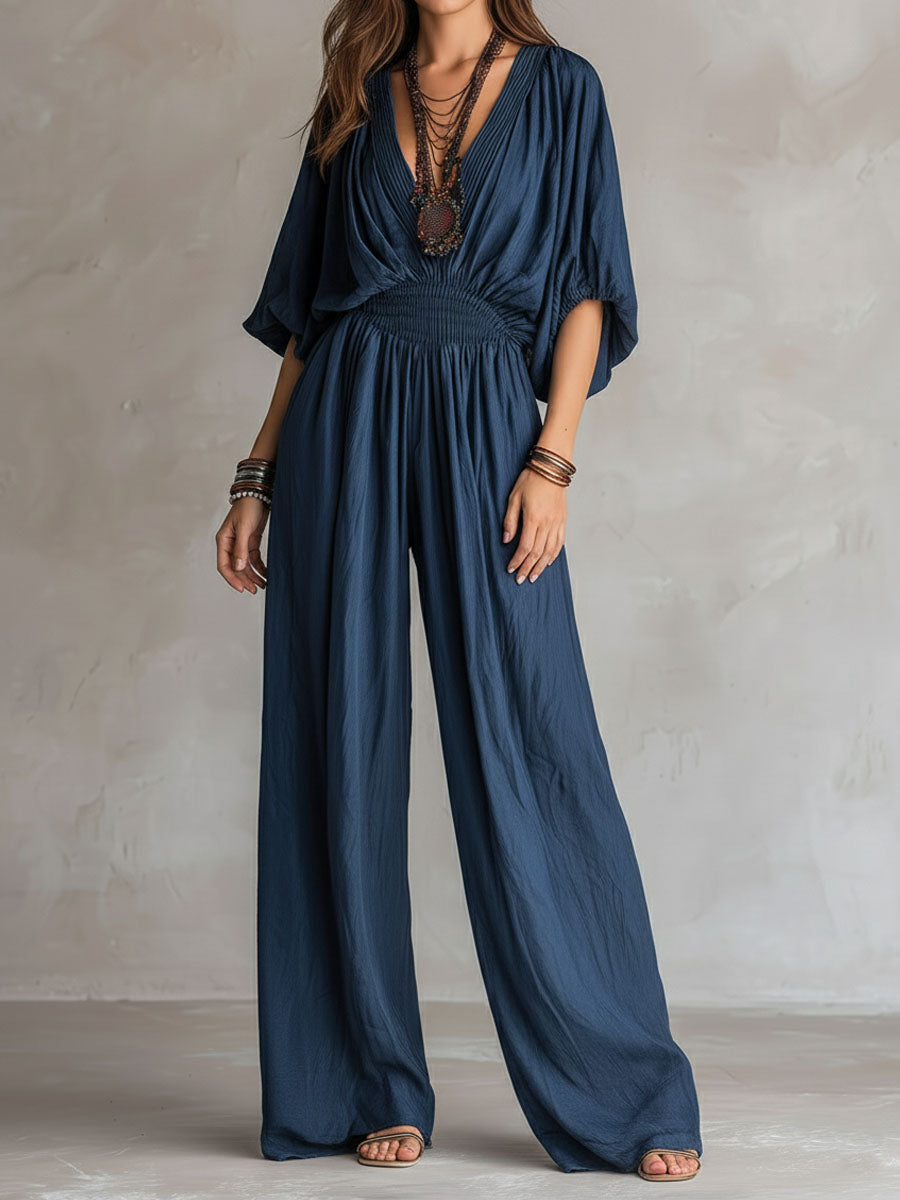 Bohemian Indigo Smocked Waist Jumpsuit