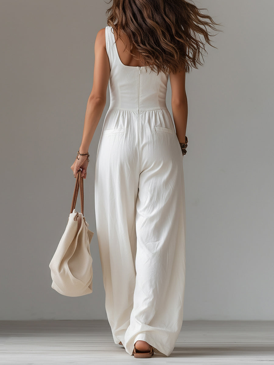 Casual Sleeveless Wide-leg Jumpsuit With Patch Pockets
